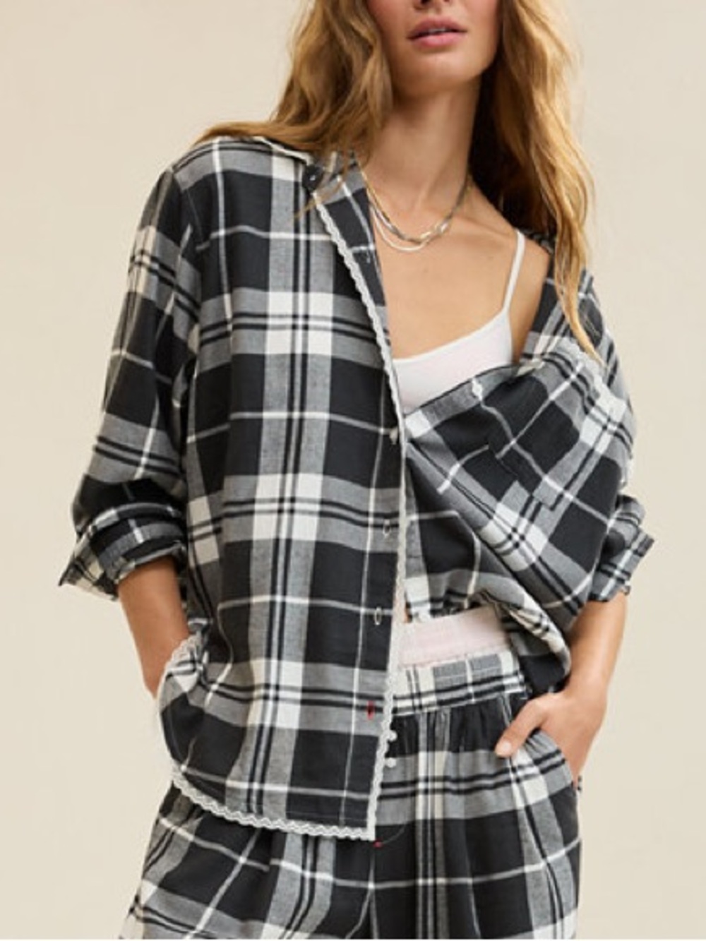 aerie Black & White Plaid Flannel Pajama Top, size large, NWT